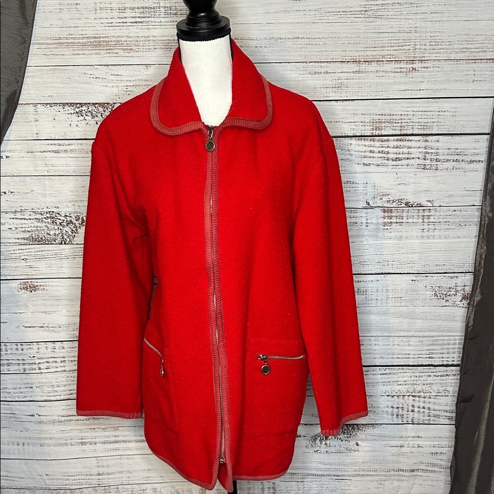 Women's Red Zip-Up Jacket w Zip Pockets 100% Wool